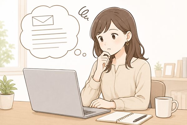 ノートパソコンでメール文面を見ながら、丁寧な言い換えを考えている女性のイラスト