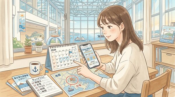 東京湾大感謝祭2026の開催日や会場をスマホで確認している女性のイラスト