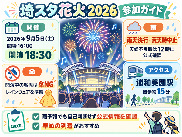 埼スタ花火2026の雨天ルール・時間・アクセスの要点