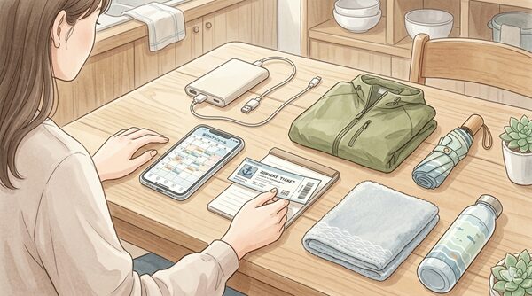 スマホやチケット、モバイルバッテリー、雨具など埼スタ花火の持ち物を準備する手元のやさしいイラスト