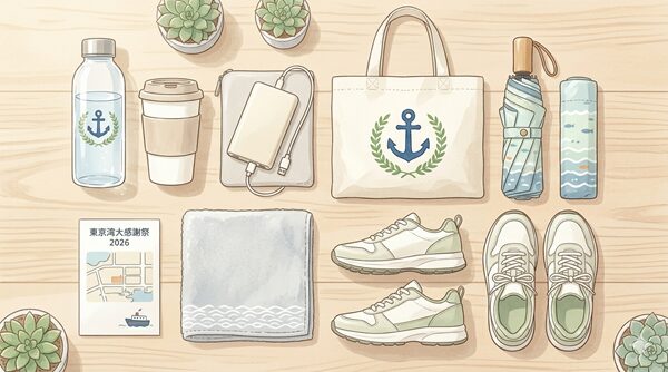 東京湾大感謝祭2026に持って行く飲み物やモバイルバッテリー、エコバッグ、雨具を並べた準備イラスト