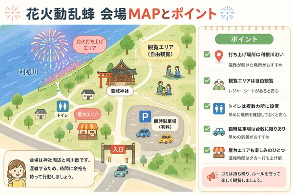 花火動乱蜂の会場周辺で駐車場や観覧場所を確認するためのイメージイラスト