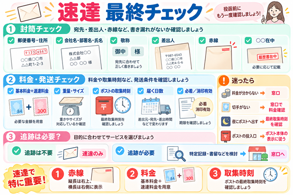 速達投函前の赤線・料金・取集時刻などの最終確認