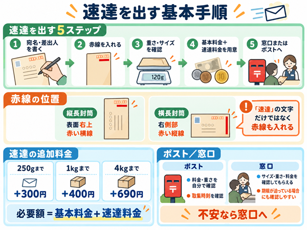 速達封筒の赤線位置、料金計算、発送手順の早見表