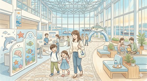 東京湾大感謝祭2026で親子が海の生きもの展示を見ながら楽しんでいるイラスト