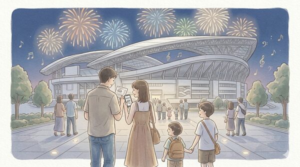 チケットやスマホを確認しながら埼玉スタジアムへ向かう家族連れのやさしいイラスト