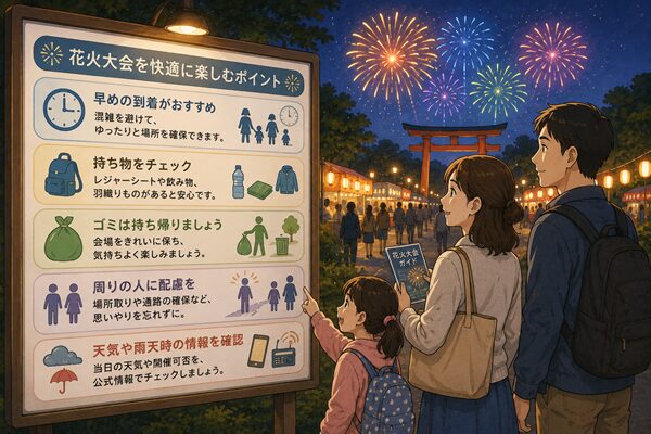 花火動乱蜂の会場で家族が持ち物や雨天時の確認ポイントを見ているイラスト