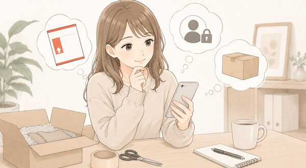 スマホを見ながらレターパック、匿名配送、宅配便の選択肢を比較している女性のイラスト
