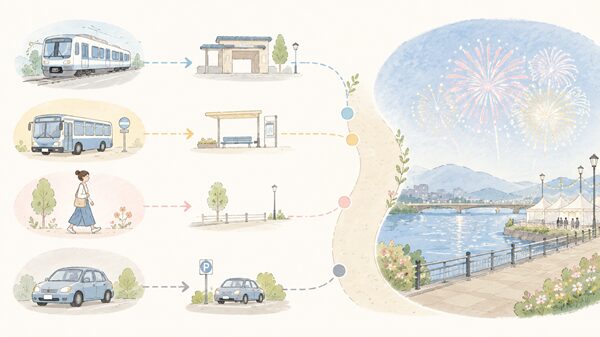 電車やバス、徒歩、車で花火大会の会場へ向かう流れを表したやさしいイラスト