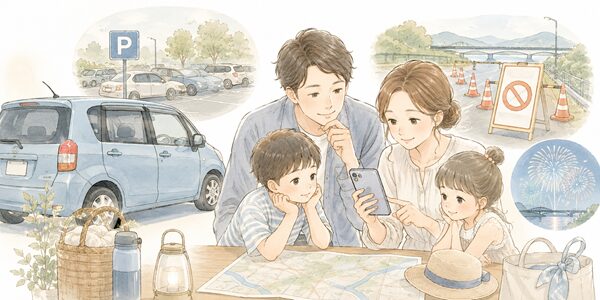 車で花火大会へ向かう前に駐車場や交通規制を確認している家族のやさしいイラスト