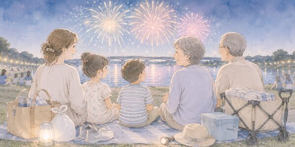 河川敷で子どもや高齢者と一緒にレジャーシートに座って花火を見ているやさしいイラスト