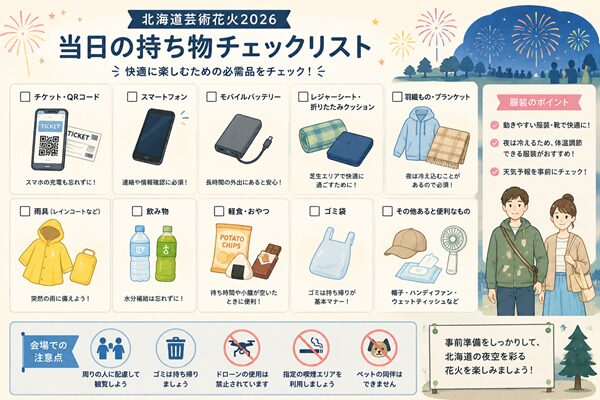 北海道芸術花火2026に持っていきたいチケットや雨具、飲み物などの持ち物チェックリストのイラスト