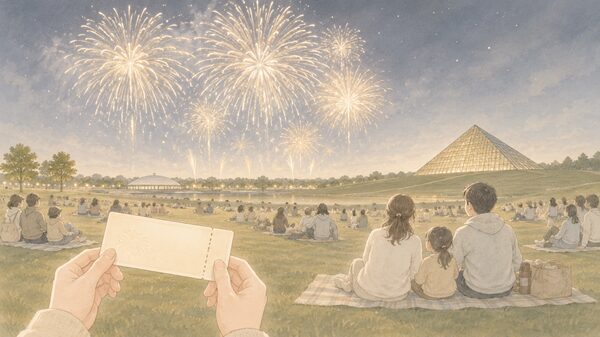 北海道芸術花火2026の会場で花火を見ながらチケットを確認する様子のイラスト
