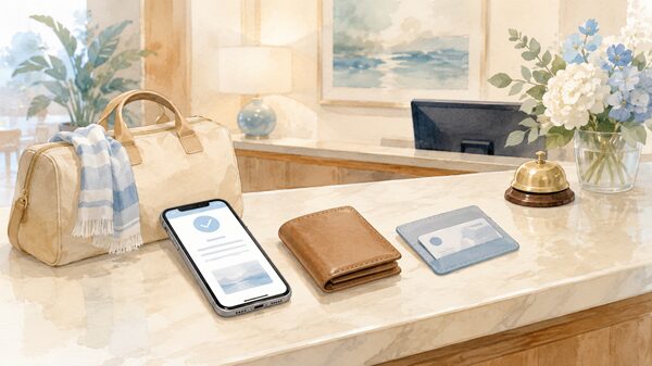 ホテルのチェックイン前に身分証や予約情報を確認するイラスト