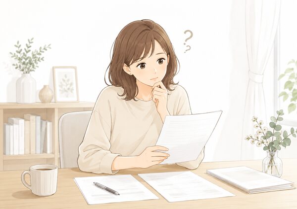 書類を見ながら事由と理由の違いに迷っている女性のやさしいイラスト