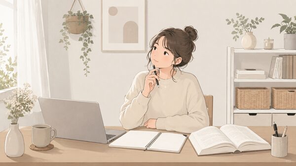 机の上でノートや辞書を見ながら、「実践」と「実戦」のどちらの漢字を使うか考えている女性のイラスト