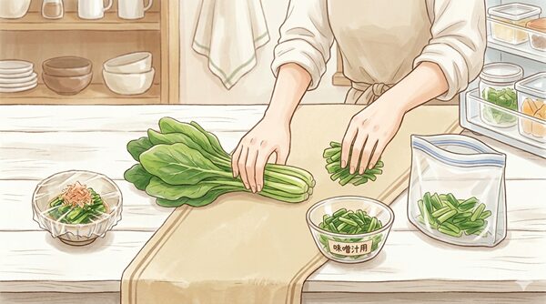余った小松菜を保存容器や保存袋に分け、翌日の料理に使えるよう準備している手元イラスト