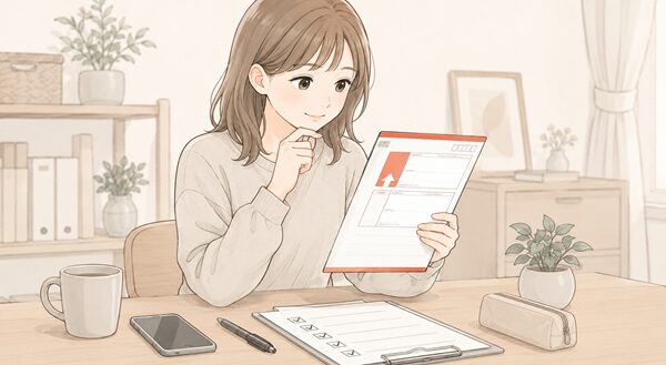 レターパックの宛名欄と差出人欄を見ながら、発送前に住所や追跡番号を確認している女性のイラスト