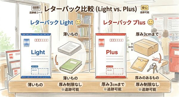 レターパックライトとレターパックプラスを並べて違いを比較しているイラスト