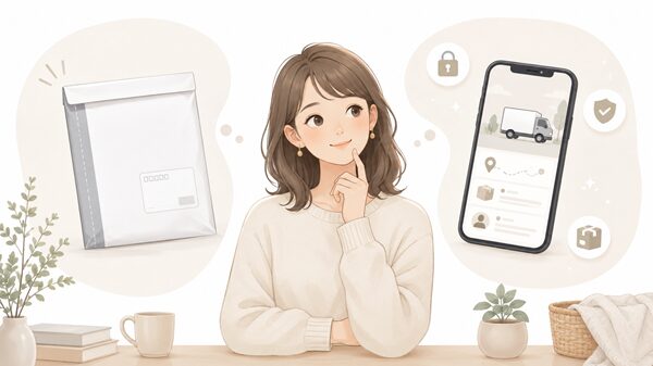 レターパック封筒と匿名配送サービスのスマホ画面を見比べながら、配送方法を選んでいる女性のイラスト