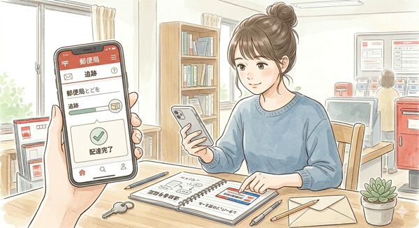 スマホでレターパックの追跡番号を確認している女性のイラスト