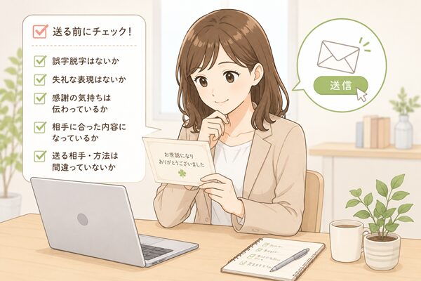 退職のお礼メッセージを送る前に内容を確認する女性会社員のイラスト
