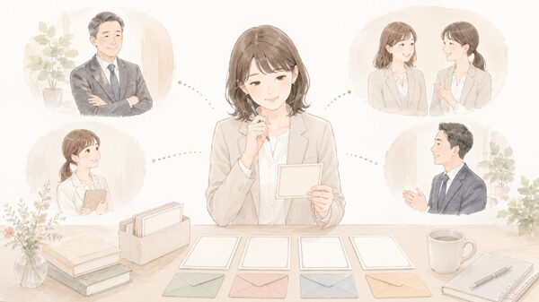 退職のお礼メッセージを上司や同僚など相手別に考える女性会社員のイラスト