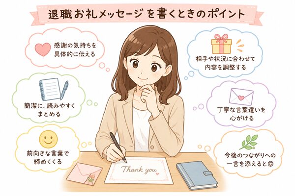 退職のお礼メッセージを書く時のコツを確認する女性のイラスト