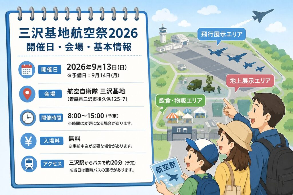 三沢基地航空祭2026の開催日や会場を確認する家族のイラスト