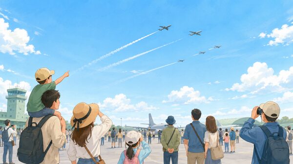 青空の下で航空機を見上げる三沢基地航空祭の来場者たち