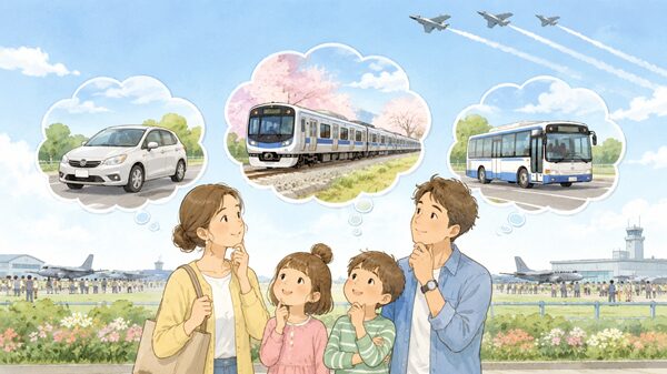 三沢基地航空祭へ車・電車・バスで行く方法を家族で考えているイラスト