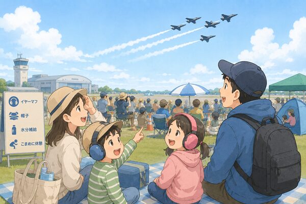 三沢基地航空祭で親子がイヤーマフをつけて航空機を見上げているイラスト