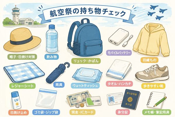 三沢基地航空祭に持っていく帽子や飲み物、モバイルバッテリーなどの持ち物イラスト