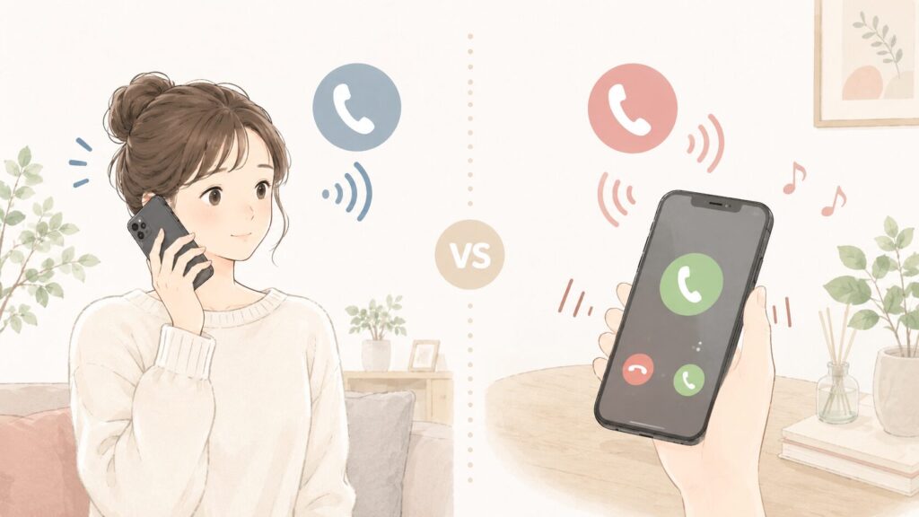 電話をかけるときのコール音と着信音の違いを説明するイラスト