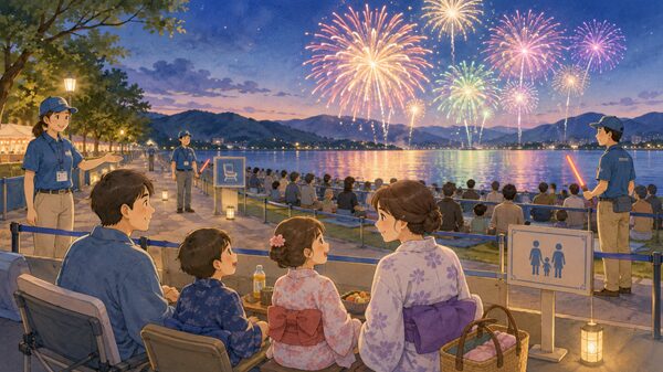 湖畔の有料観覧席で家族連れが案内スタッフのいる会場から花火を見ているイラスト