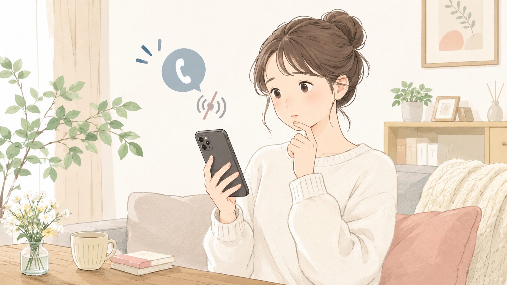 電話のコール音が鳴らずスマホを見て困っている女性のイラスト