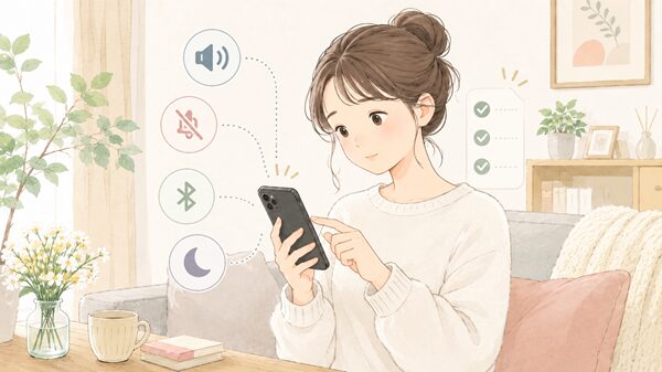 電話の音が鳴らない原因を確認するためスマホ設定をチェックしている女性のイラスト