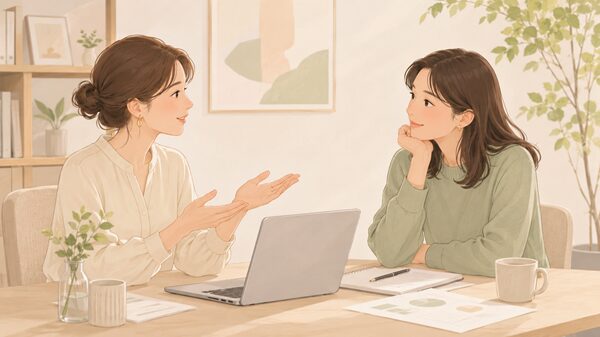 落ち着いた場所で、相手に配慮しながら丁寧に話している2人の女性のイラスト