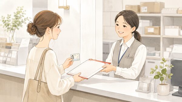 郵便局の窓口で本人確認書類を見せながらレターパックの郵便局留め荷物を受け取る女性のイラスト