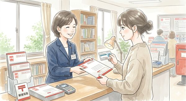 郵便局の窓口で女性が局留めのレターパックを受け取っているイラスト