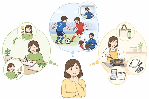 学んだことを行動に移す場面、本番を想定した試合、日常で役立つ道具や方法を比較する女性