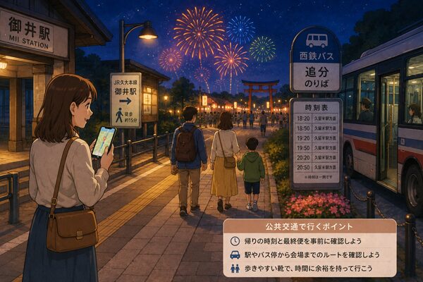 花火動乱蜂へ公共交通で向かう人が駅やバス停から会場までのルートを確認しているイラスト