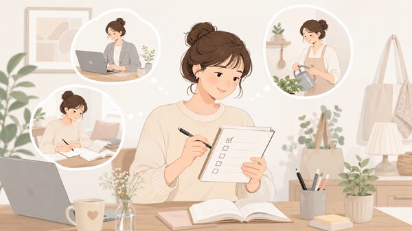 ノートのチェックリストを見ながら、学んだ内容を仕事・勉強・暮らしの行動に移そうとしている女性のイラスト