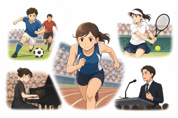 陸上競技やサッカー、テニス、演奏、スピーチの本番で力を発揮する人々