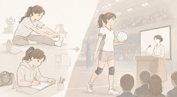 練習や準備から本番に近い場面へ向かい、試合や発表で力を試す実戦のイメージイラスト