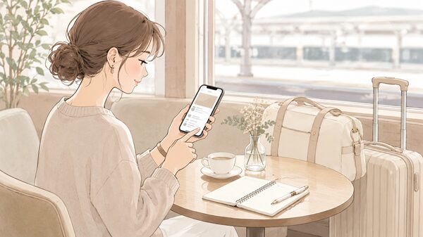 ホテルの予約情報と到着予定時刻をスマホで確認するイラスト