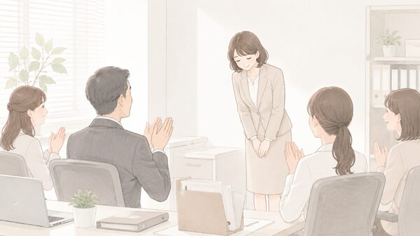 自分が退職する時に職場でお礼の挨拶をする女性会社員のイラスト