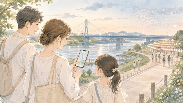 スマートフォンの地図を見ながら相模川や高田橋方面へ向かう家族のやさしいイラスト