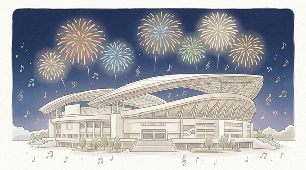 埼玉スタジアム2002をイメージしたスタジアムと夜空に上がる花火のやさしいイラスト