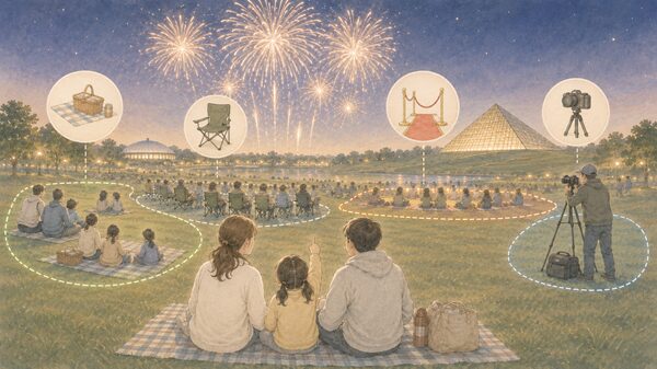 北海道芸術花火2026の席種や観覧エリアの違いをイメージしたイラスト